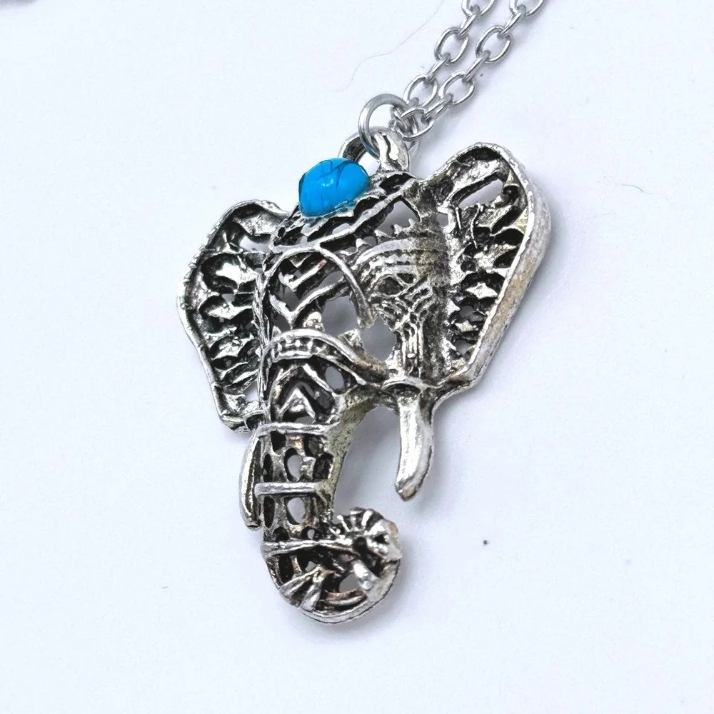 Silver Tone Elephant Necklace Blue Turquoise Style Stone‎ Boho Statement Pendant